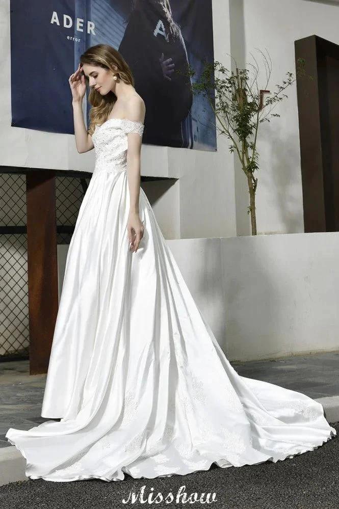 Elegant Off Shoulder Satin Floor Length Bridal Gown Sweetheart Floral Lace Aline Wedding Dress (ZD13962)