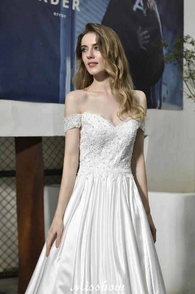 Elegant Off Shoulder Satin Floor Length Bridal Gown Sweetheart Floral Lace Aline Wedding Dress (ZD13962)