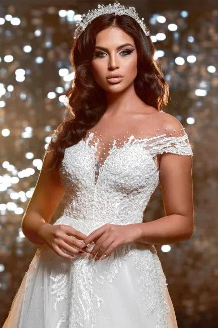 Elegant off-the-shoulder jewel cap sleeves a-line lace Wedding dress (ZD14845)