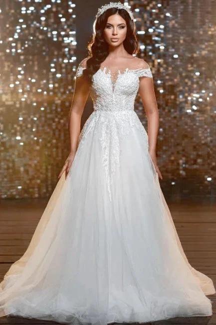 Elegant off-the-shoulder jewel cap sleeves a-line lace Wedding dress (ZD14845)