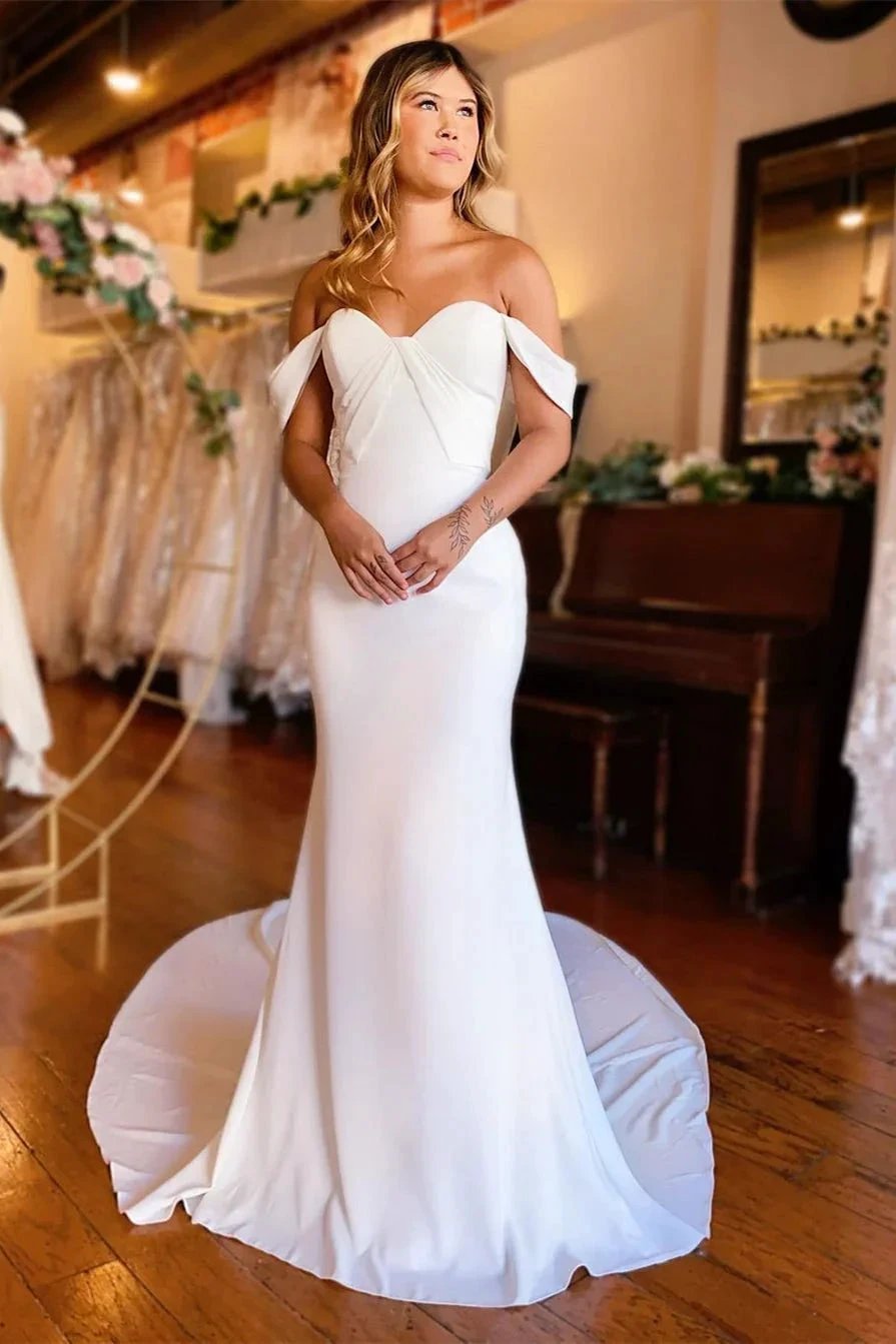 Elegant Off-the-shoulder Mermaid Satin Backless Wedding Dress With Train (ZD14585)