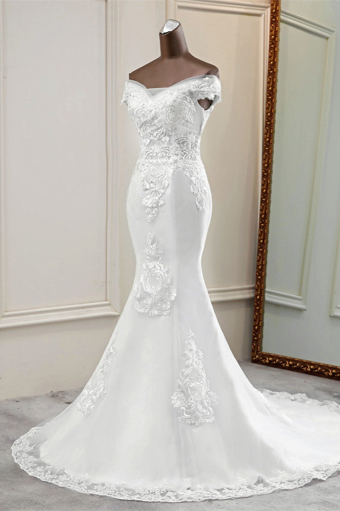 Elegant Off-the-Shoulder Sleeveless White Mermaid Wedding Dresses with Beadings (ZD17424)