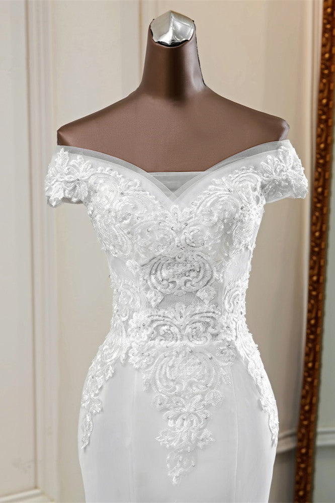 Elegant Off-the-Shoulder Sleeveless White Mermaid Wedding Dresses with Beadings (ZD17424)