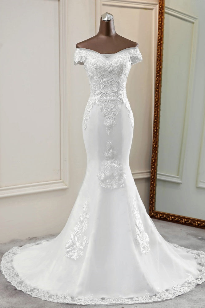 Elegant Off-the-Shoulder Sleeveless White Mermaid Wedding Dresses with Beadings (ZD17424)