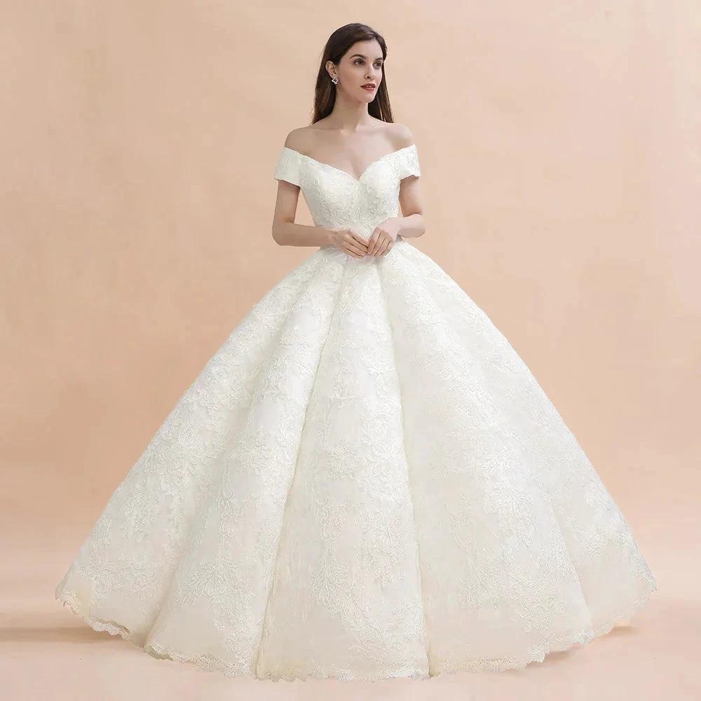 Elegant Off-the-Shoulder White Lace Appliques Bridal Gowns Wedding Dress (ZD14771)