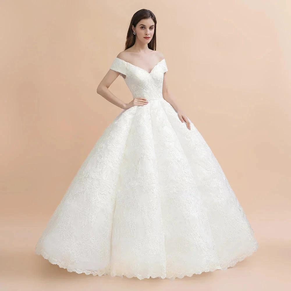 Elegant Off-the-Shoulder White Lace Appliques Bridal Gowns Wedding Dress (ZD14771)