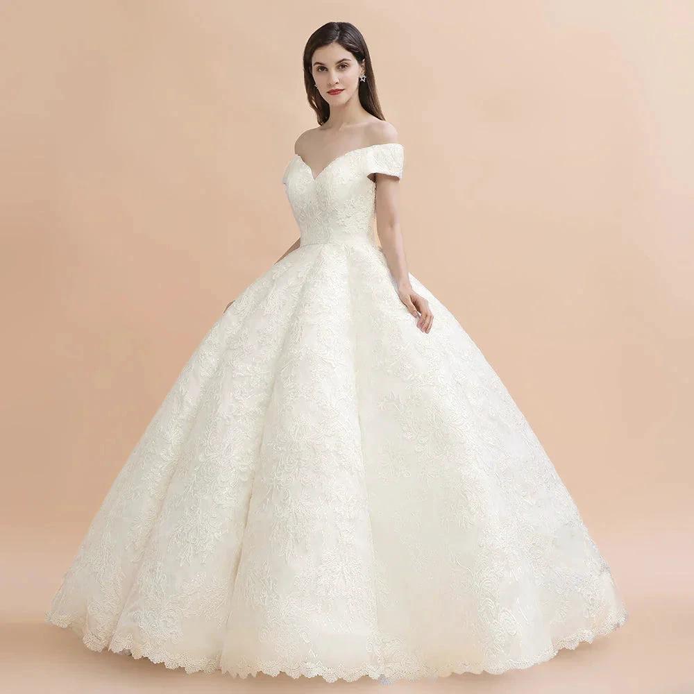 Elegant Off-the-Shoulder White Lace Appliques Bridal Gowns Wedding Dress (ZD14771)