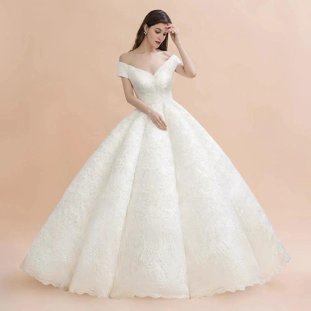 Elegant Off-the-Shoulder White Lace Appliques Bridal Gowns Wedding Dress by misshow.com