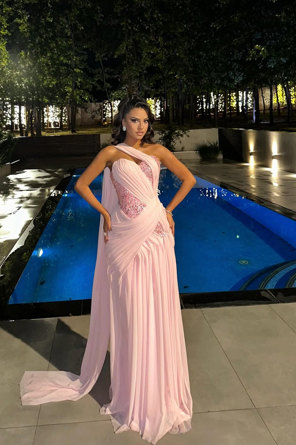 Elegant Pink Sweetheart Sleeveless Chiffon Prom Dress Sleeveless Sequins With Lace-Up Back