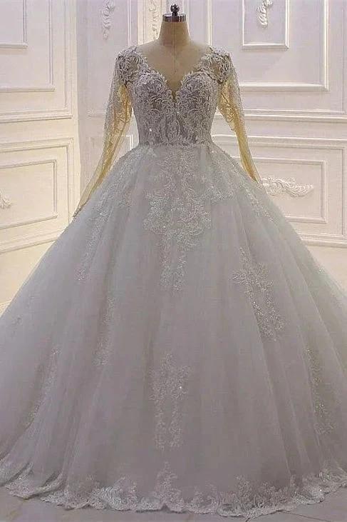 Elegant Princess A-line Tulle V-neck Lace Wedding Dress With Long Sleeves (ZD14538)