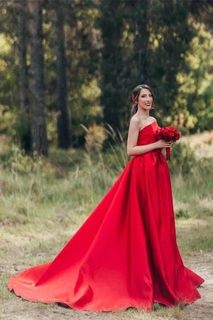 Elegant Red A-Line One Shoulder Satin Sleeveless Wedding Dresses (ZD14919)