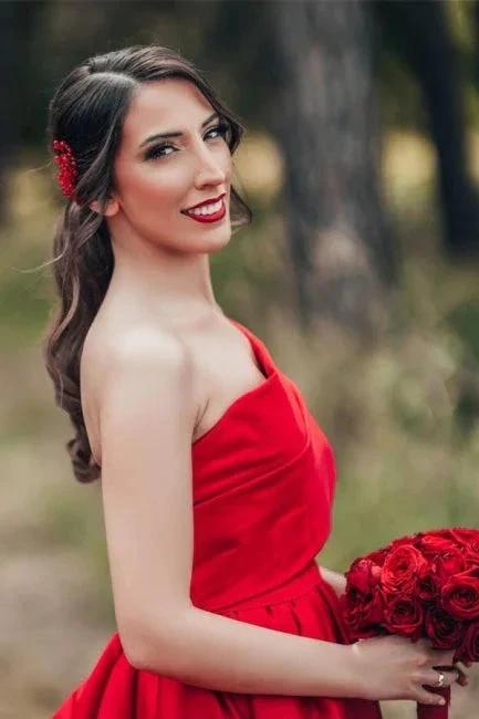 Elegant Red A-Line One Shoulder Satin Sleeveless Wedding Dresses (ZD14919)