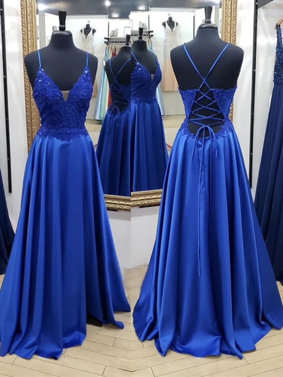Elegant Royal Blue Long A-line V-neck Backless Satin Lace Formal Graduation Prom Dresses - VelvetHem