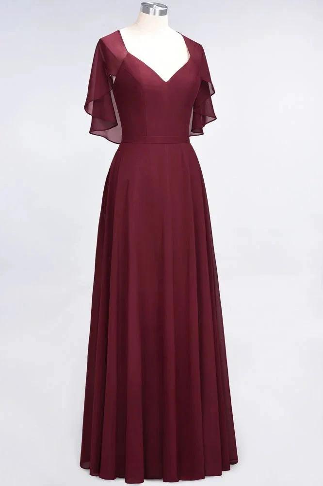 Elegant Satin V-Neck Short Sleeve Princess Bridesmaid Dress Ruffle Chiffon Wedding Guest Dress (ZD13100)