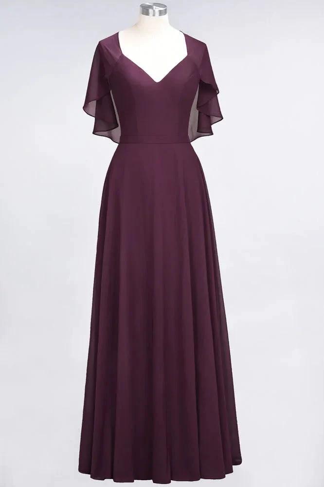 Elegant Satin V-Neck Short Sleeve Princess Bridesmaid Dress Ruffle Chiffon Wedding Guest Dress by misshow.com