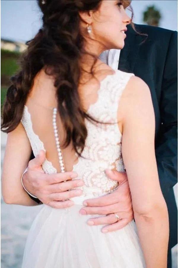 Elegant Scoop Neck Lace A Line Tulles Beach Wedding Dress (ZD16275)