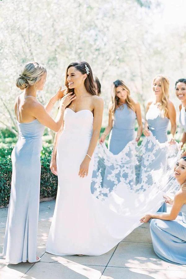 Elegant Sheath Halter Light Blue Satin Long Bridesmaid Dresses (ZD13251)