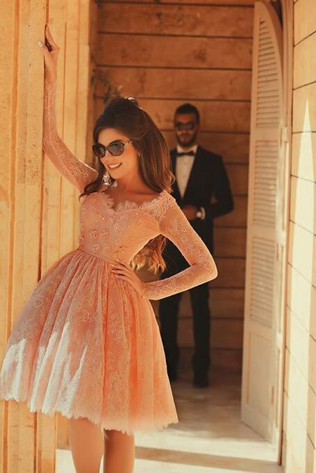 Elegant Short A-line V-neck Lace Prom Dress with Sleeves - VelvetHem