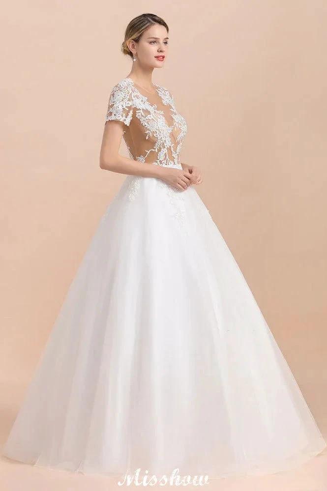 Elegant Short Sleeve Ball Gown White Lace Appliques Wedding Dress (ZD13989)