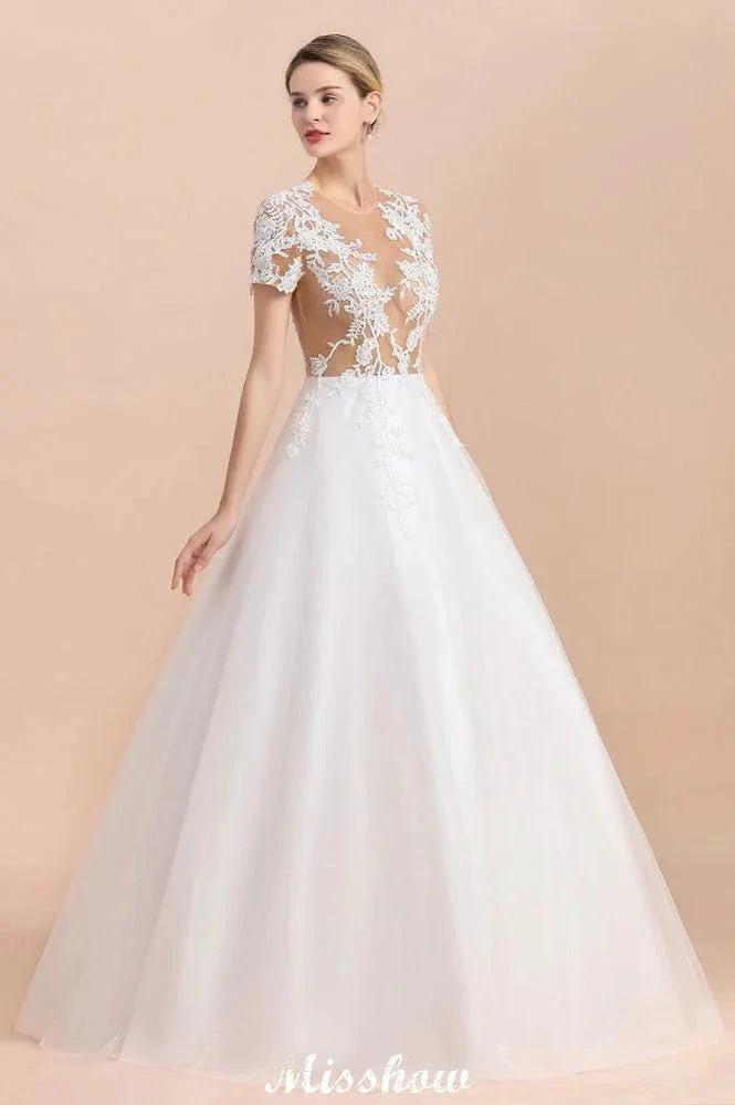 Elegant Short Sleeve Ball Gown White Lace Appliques Wedding Dress (ZD13989)