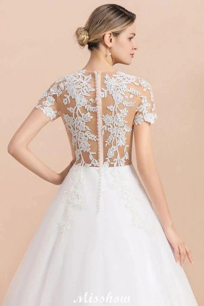 Elegant Short Sleeve Ball Gown White Lace Appliques Wedding Dress (ZD13989)