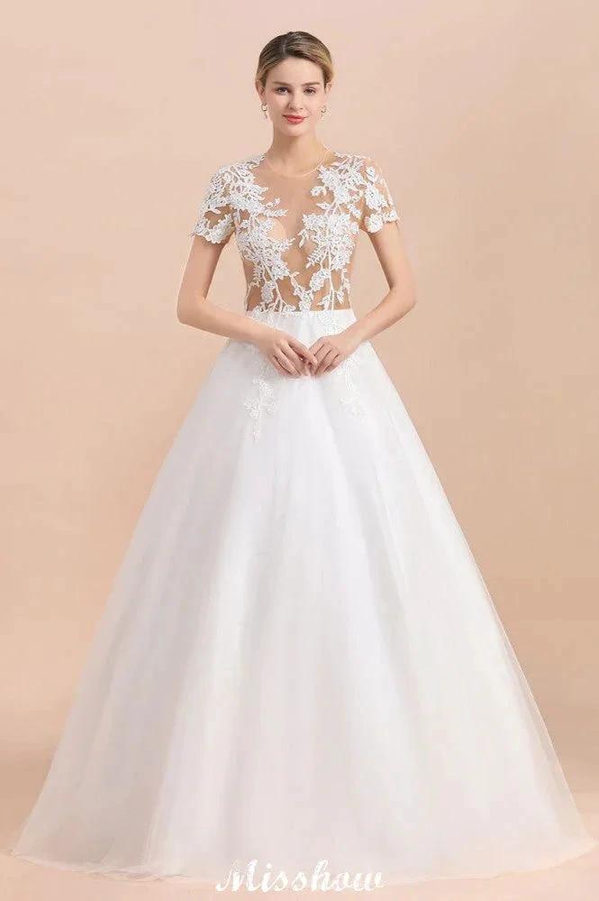 Elegant Short Sleeve Ball Gown White Lace Appliques Wedding Dress by misshow.com
