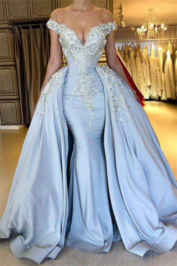 Elegant Sky Blue Mermaid Off-the-Shoulder Prom Dresses Sweetheart Discount Overskirt Evening Dresses