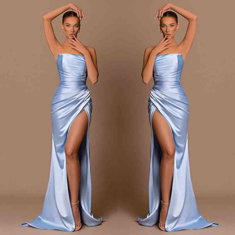 Elegant Sky Blue Strapless Mermaid Prom Dress Long Split