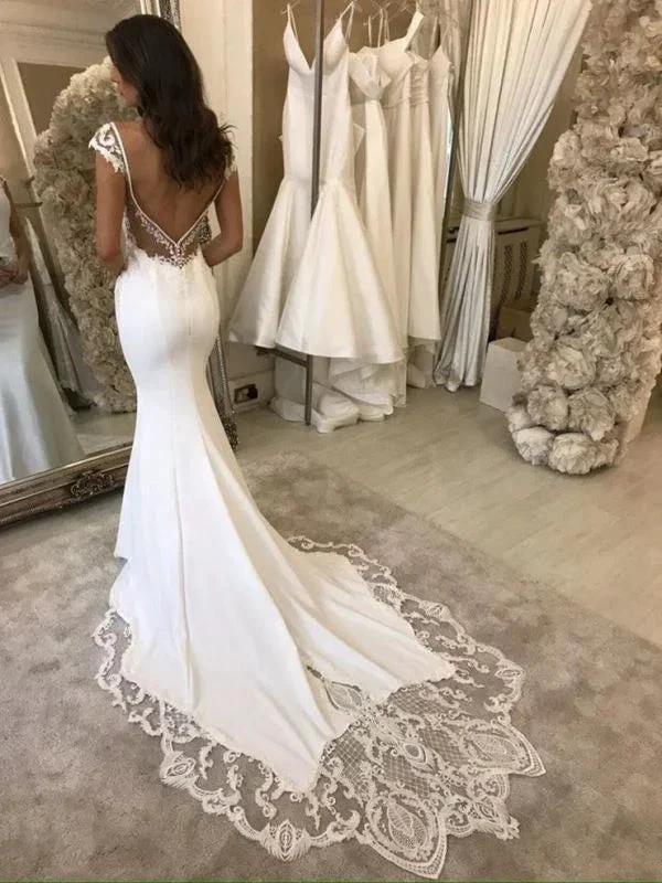 Elegant Sleeveless Satin Ivory Lace Mermaid Wedding Dresses (ZD14643)