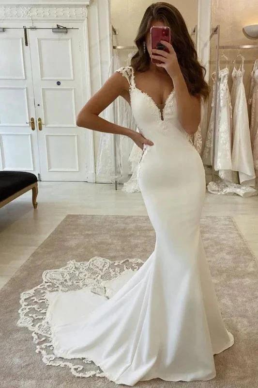 Elegant Sleeveless Satin Ivory Lace Mermaid Wedding Dresses (ZD14643)