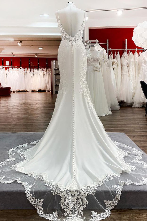 Elegant Sleeveless White Lace Satin Mermaid Wedding Dresses (ZD17539)