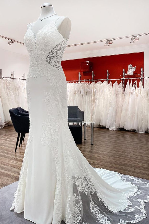 Elegant Sleeveless White Lace Satin Mermaid Wedding Dresses (ZD17539)