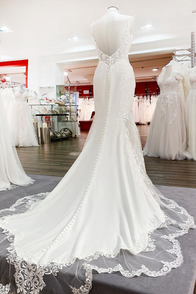 Elegant Sleeveless White Lace Satin Mermaid Wedding Dresses (ZD17539)