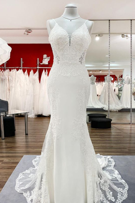 Elegant Sleeveless White Lace Satin Mermaid Wedding Dresses (ZD17539)