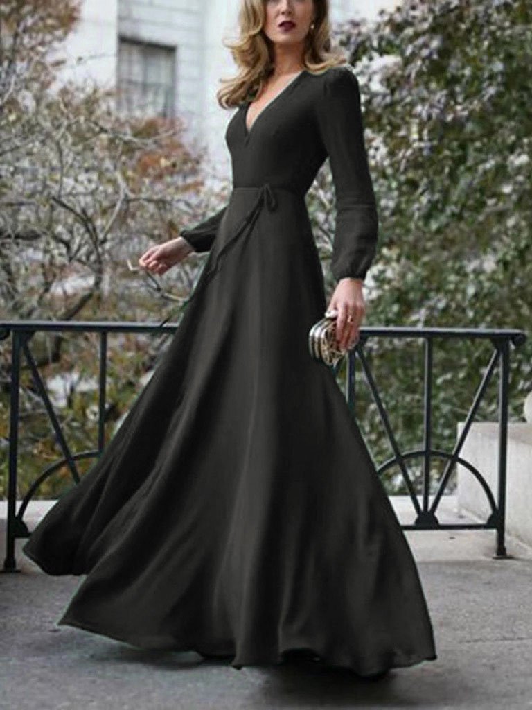 Elegant Solid V neck Lace up Dress
