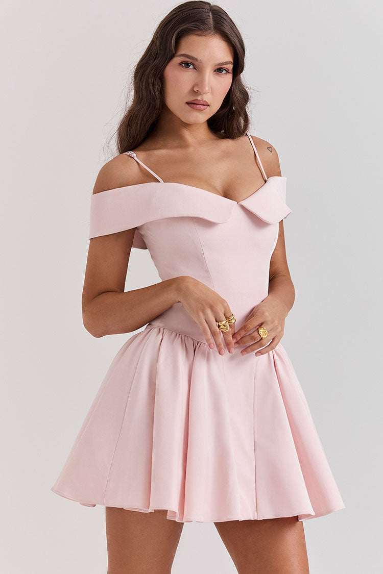 Elegant Spaghetti Strap Off Shoulder Drop Waist Fit & Flare Party Mini Dress - Pink - Fashionpara