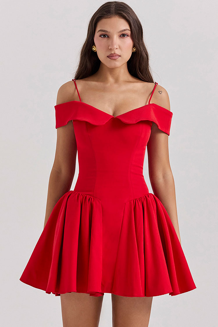 Elegant Spaghetti Strap Off Shoulder Drop Waist Fit & Flare Party Mini Dress - Red - Fashionpara