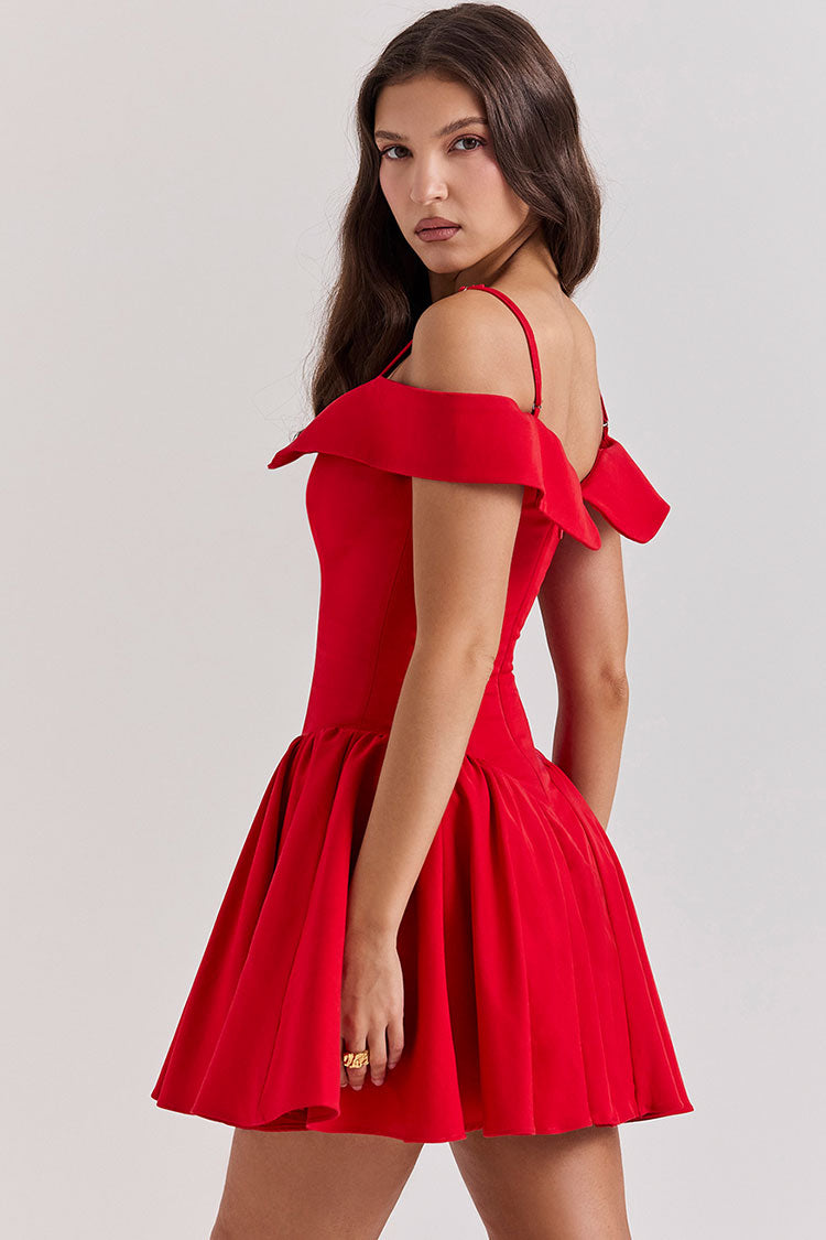 Elegant Spaghetti Strap Off Shoulder Drop Waist Fit & Flare Party Mini Dress - Red - Fashionpara