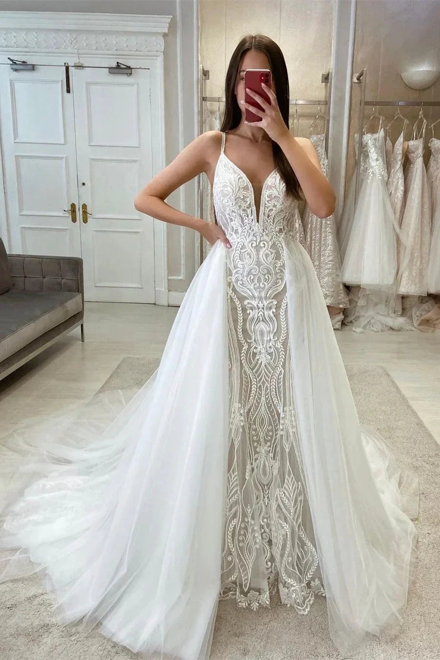 Elegant Spaghetti Straps A-line Sleeveless Wedding Dress With Detachable Train (ZD14566)