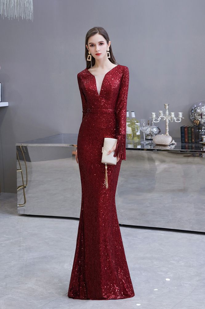 Elegant Sparkle Sequined Burgundy Long Sleeves V-Neck Mermaid Long Prom Party Gowns