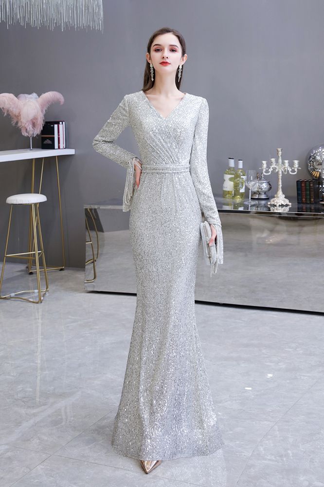 Elegant Sparkle Sequined Burgundy Long Sleeves V-Neck Mermaid Long Prom Party Gowns