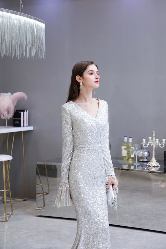 Elegant Sparkle Sequined Burgundy Long Sleeves V-Neck Mermaid Long Prom Party Gowns