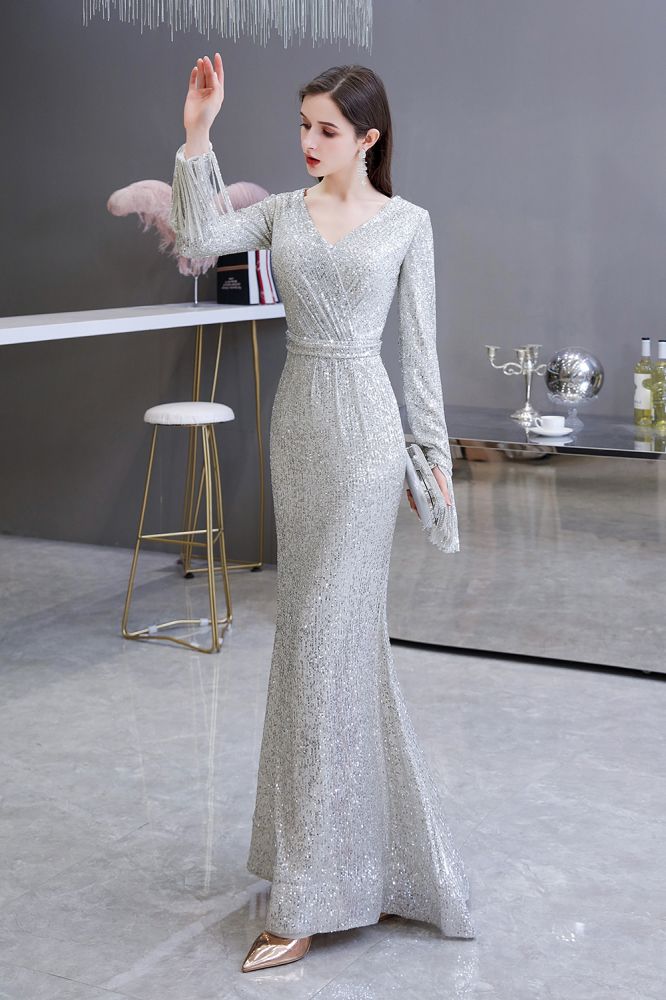Elegant Sparkle Sequined Burgundy Long Sleeves V-Neck Mermaid Long Prom Party Gowns