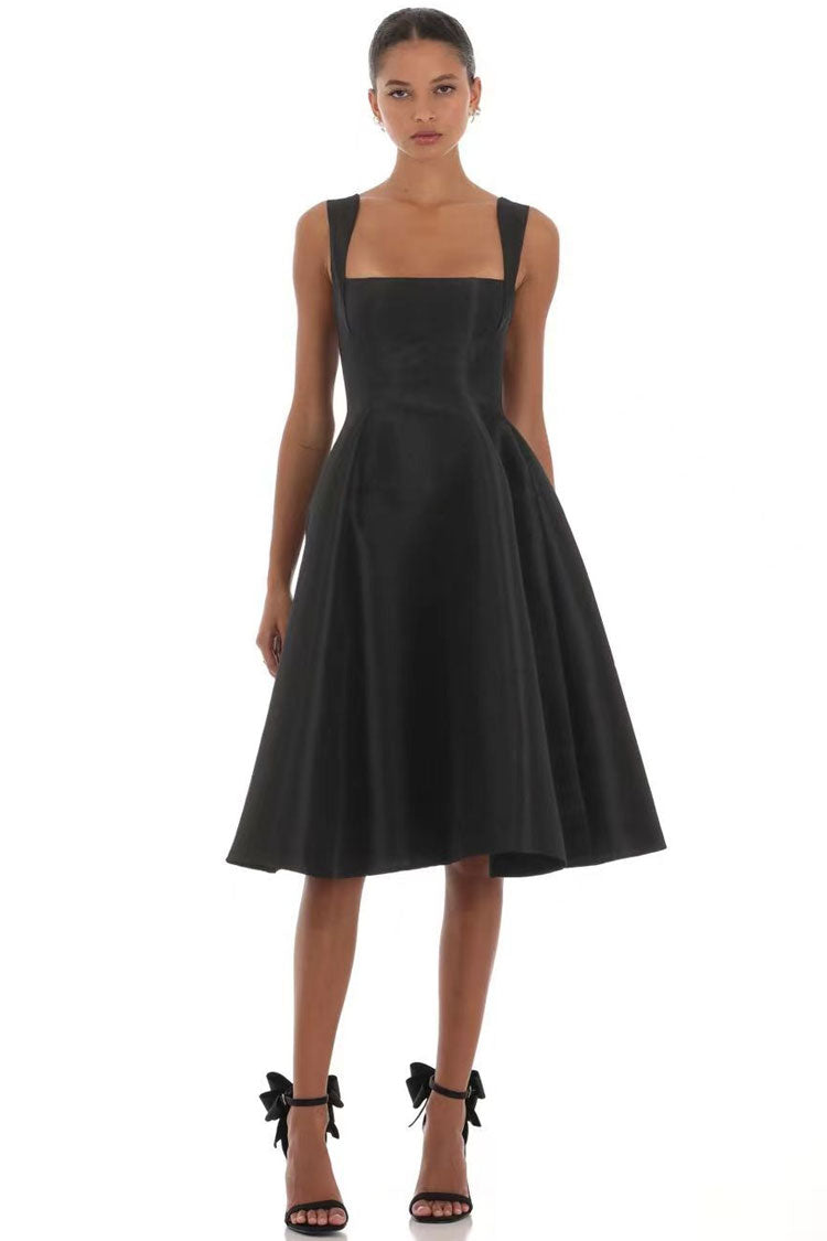 Elegant Square Neck Sleeveless Bow Tie Fit & Flare Cocktail Midi Dress - Fashionpara