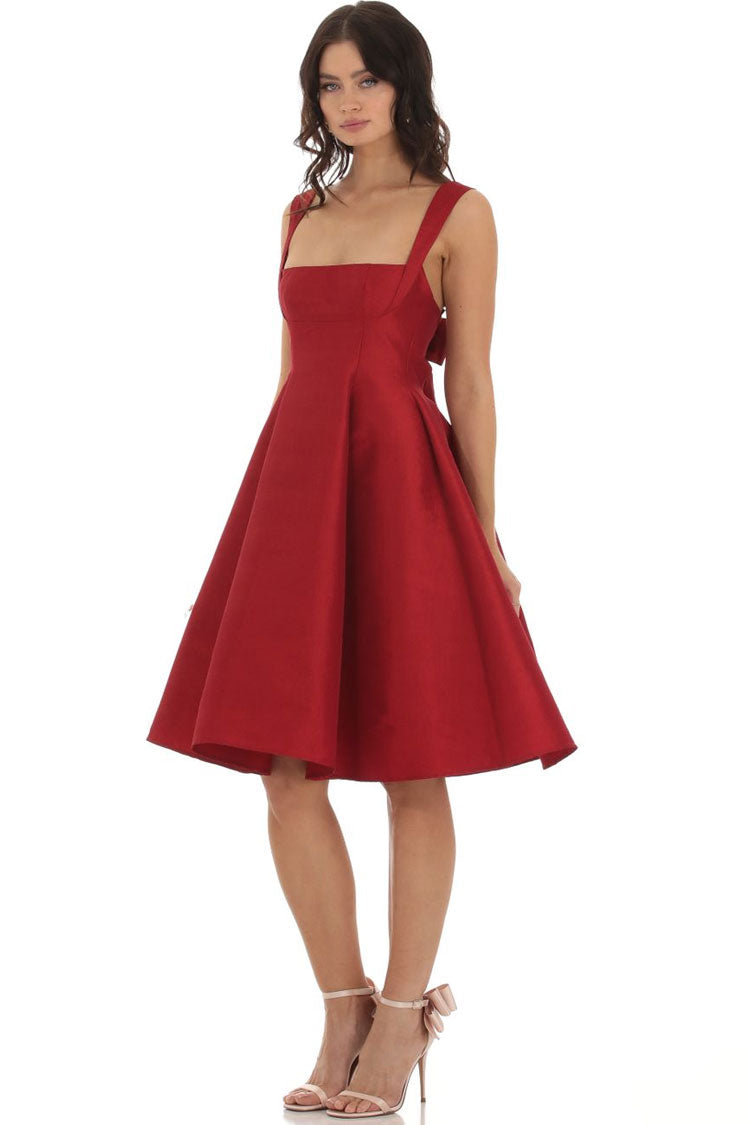 Elegant Square Neck Sleeveless Bow Tie Fit & Flare Cocktail Midi Dress - Fashionpara