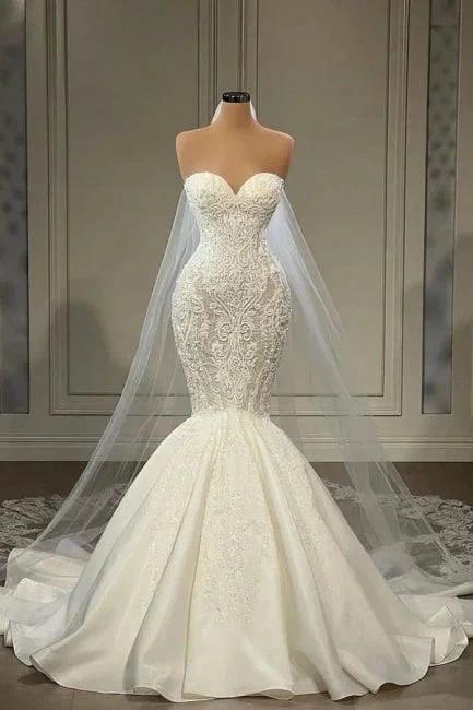 Elegant Strapless Sleeveless Mermaid Satin Floor-Length Wedding Dresses with Lace (ZD16416)