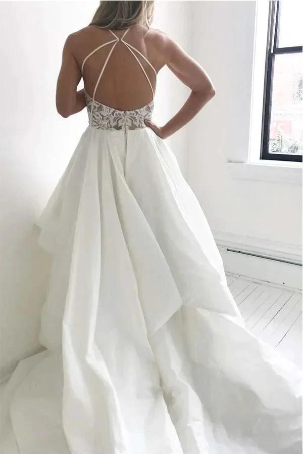 Elegant Straps Ivory Long Wedding Dress with Lace Top (ZD15471)