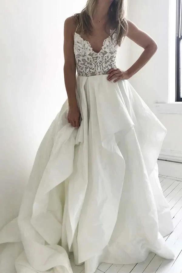 Elegant Straps Ivory Long Wedding Dress with Lace Top (ZD15471)