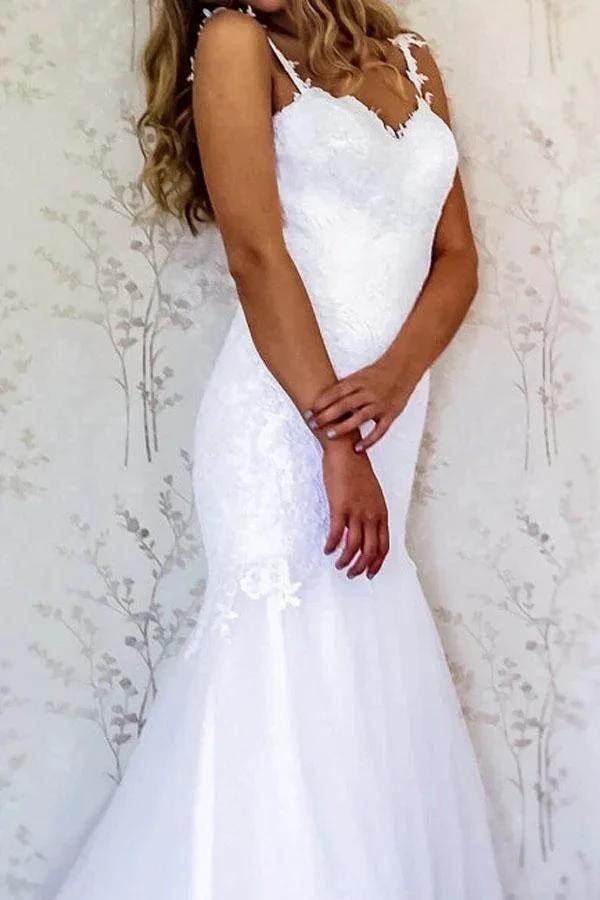 Elegant Straps Mermaid White Long Wedding Dress Bridal Gown (ZD15470)