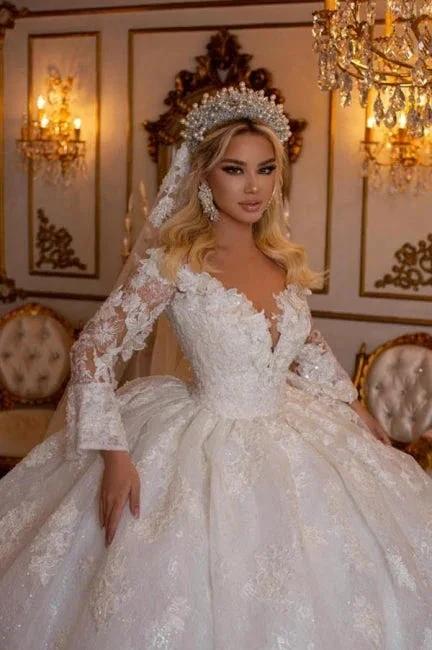 Elegant Sweetheart Long Sleeves Ball Gown Lace Wedding Gowns Bridal Dresses (ZD14977)